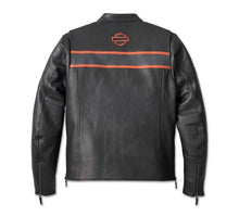 Load image into Gallery viewer, Harley leather jacket with orange stripe and logo on a white background