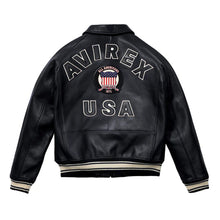 Load image into Gallery viewer, Classic Avirex Jacket – Avirex Varsity Black Leather Jacket with Patch Detail