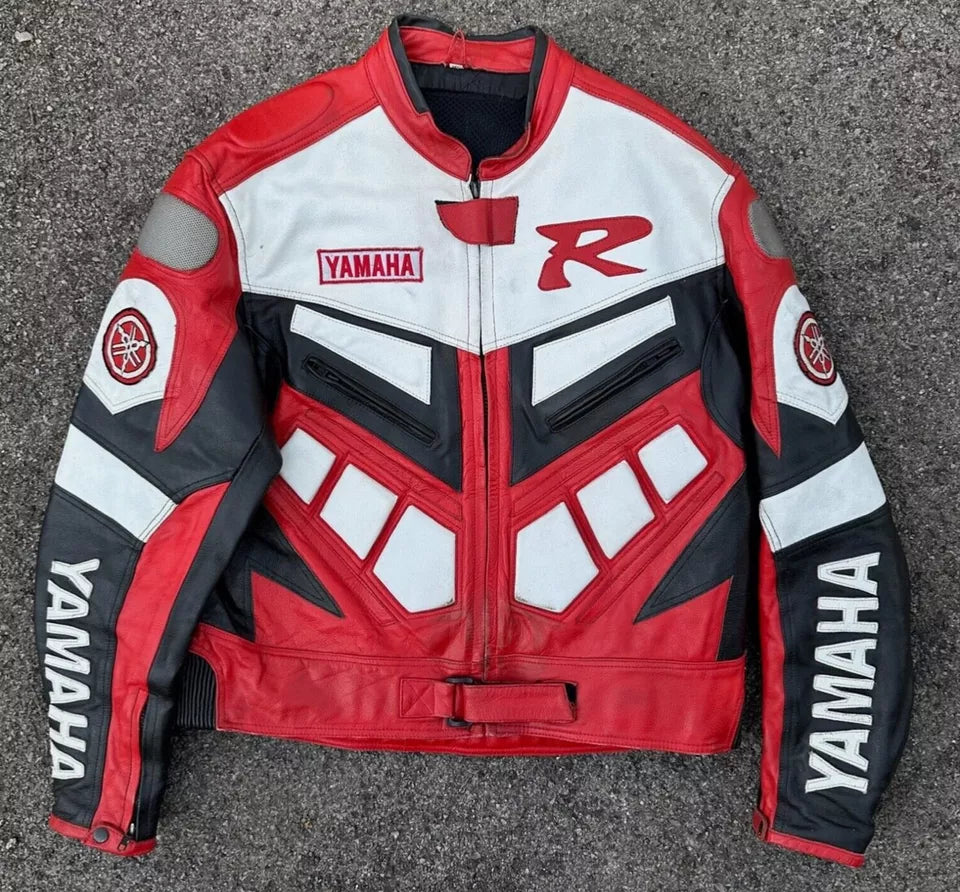Yamaha Racing Red Motorcycle Riding Cowhide Leather Jacket