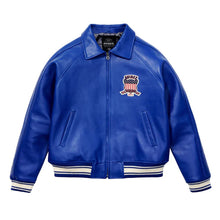 Load image into Gallery viewer, Blue leather jacket with a brand logo on a white background