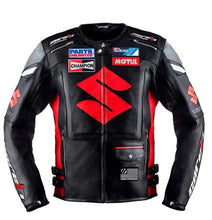 Load image into Gallery viewer, Black and red motorcycle jacket with various brand logos on a white background