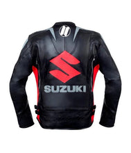 Load image into Gallery viewer, Black leather jacket with red and white Suzuki logo on a white background