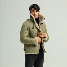 Load image into Gallery viewer, men wearing army green shearling leather jacket
