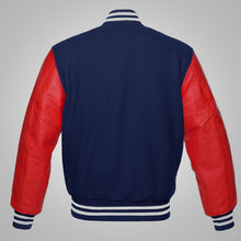 Load image into Gallery viewer, Mens Baseball Style Red and Blue Varsity Jacket