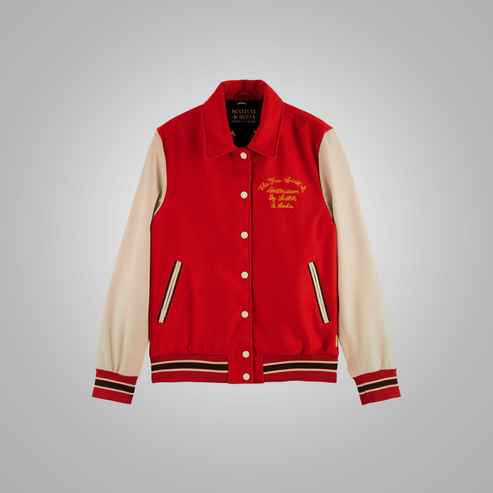 Red Varsity Letterman Jacket with Cream Sleeves