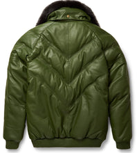 Load image into Gallery viewer, Olive Leather V-Bomber Jacket - Shearling leather