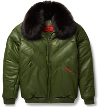 Load image into Gallery viewer, Olive Leather V-Bomber Jacket - Shearling leather