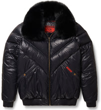 Load image into Gallery viewer, Nylon Black Leather V-Bomber Jacket - Shearling leather