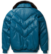 Load image into Gallery viewer, Teal Leather V-Bomber Jacket - Shearling leather