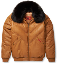 Load image into Gallery viewer, Camel Leather V-Bomber Jacket - Shearling leather