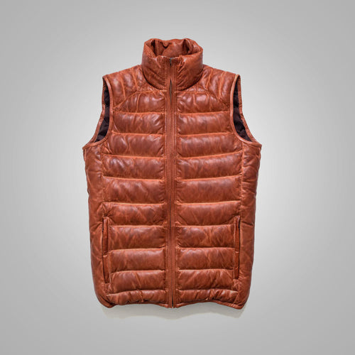 Brown Mens Shearling Bubble Leather Down Vest