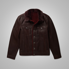 Load image into Gallery viewer, Men's Brown Shearling Real Sheepskin Leather Bomber Flying Trucker Leather Jacket
