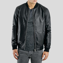 Load image into Gallery viewer, Bailei Black Bomber Leather Jacket - Shearling leather