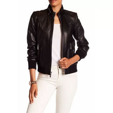 Load image into Gallery viewer, Womens Genuine Lambskin Black Leather Bomber Jacket
