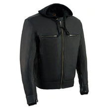 Load image into Gallery viewer, Men's Black Leather ‘Utility Pocket’ Vented Jacket with Removable Hoodie