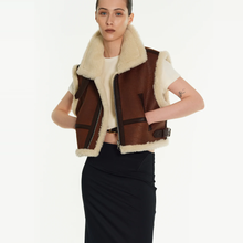 Load image into Gallery viewer, Women Sheepskin Brown Shearling AviatorLeather Vest