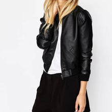 Load image into Gallery viewer, Ladies Black Leather Bomber Jacket