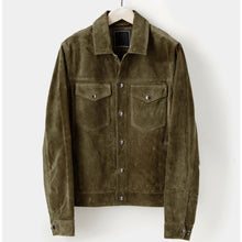 Load image into Gallery viewer, Men’s Olive Suede Leather Shirt Jeans Style