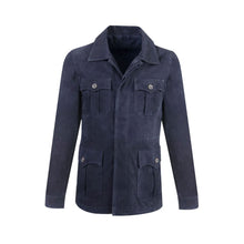 Load image into Gallery viewer, Men's Chocolate Medium Blue Shirt Jeans Style Leather Suede Bomber Jacket