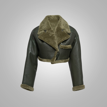 Load image into Gallery viewer, Green Women Aviator Flight Bomber Faux Fur Shearling Real Sheepskin Leather Jacket