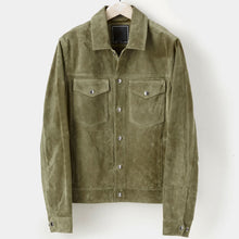 Load image into Gallery viewer, Men’s Cream Green Suede Leather Shirt Jeans Style Jacket