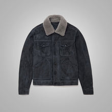 Load image into Gallery viewer, Mens Navy Fur Collar Suede Leather Trucker Jacket