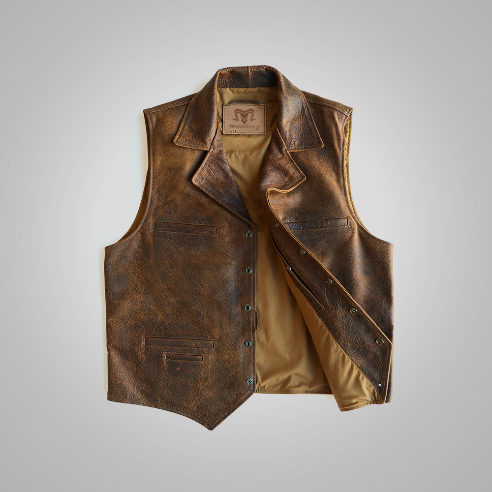 Mens Leather Vest Brown Leather Clothing Cowboy Vest Vintage