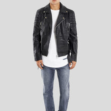 Load image into Gallery viewer, Alvin Black Biker Quilted Leather Jacket - Shearling leather