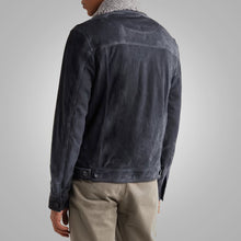 Load image into Gallery viewer, Mens Navy Fur Collar Suede Leather Trucker Jacket