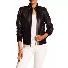 Load image into Gallery viewer, Womens Genuine Lambskin Black Leather Bomber Jacket