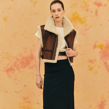 Load image into Gallery viewer, Women Sheepskin Brown Shearling AviatorLeather Vest