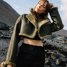 Load image into Gallery viewer, Green Women Aviator Flight Bomber Faux Fur Shearling Real Sheepskin Leather Jacket