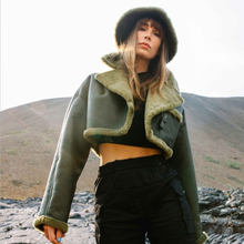 Load image into Gallery viewer, Green Women Aviator Flight Bomber Faux Fur Shearling Real Sheepskin Leather Jacket