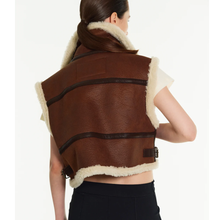 Load image into Gallery viewer, Women Sheepskin Brown Shearling AviatorLeather Vest