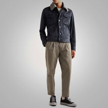 Load image into Gallery viewer, Mens Navy Fur Collar Suede Leather Trucker Jacket