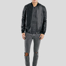 Load image into Gallery viewer, Bailei Black Bomber Leather Jacket - Shearling leather