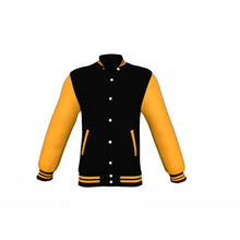 Load image into Gallery viewer, Black Varsity Letterman Jacket with Gold Sleeves - Shearling leather
