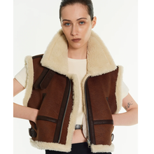 Load image into Gallery viewer, Women Sheepskin Brown Shearling AviatorLeather Vest