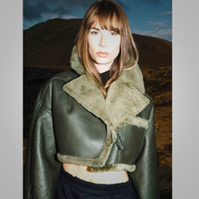 Load image into Gallery viewer, Green Women Aviator Flight Bomber Faux Fur Shearling Real Sheepskin Leather Jacket