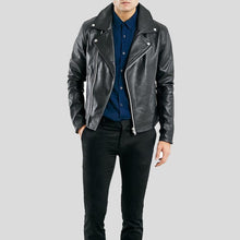 Load image into Gallery viewer, Barden Black Motorcycle Leather Jacket - Shearling leather
