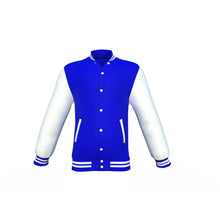 Load image into Gallery viewer, Blue Varsity Letterman Jacket with White Sleeves - Shearling leather