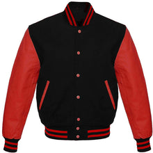 Load image into Gallery viewer, Varsity Letterman Baseball Bomber Retro Vintage Jacket Black Wool and Red Genuine Leather Sleeves - Shearling leather