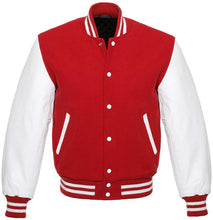 Load image into Gallery viewer, Varsity Letterman Baseball Bomber Retro Vintage Jacket Red Wool White Genuine Leather Sleeves - Shearling leather