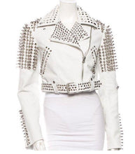 Load image into Gallery viewer, Leather Rider Womens For Mens Silver Tone Studded White Leather Jacket - Shearling leather