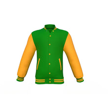 Load image into Gallery viewer, Dark Green Varsity Letterman Jacket with Gold Sleeves - Shearling leather