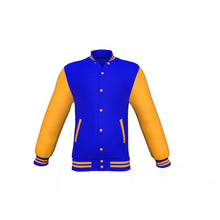 Load image into Gallery viewer, Blue Varsity Letterman Jacket with Gold Sleeves - Shearling leather