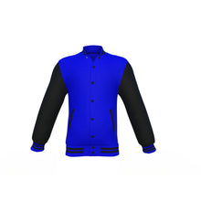 Load image into Gallery viewer, Blue Varsity Letterman Jacket with Black Sleeves - Shearling leather