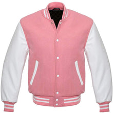 Load image into Gallery viewer, Varsity Letterman Baseball Bomber Retro Vintage Jacket Pink Wool White Genuine Leather Sleeves - Shearling leather