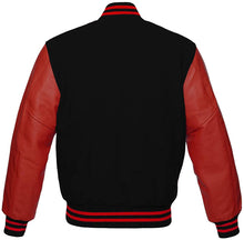 Load image into Gallery viewer, Varsity Letterman Baseball Bomber Retro Vintage Jacket Black Wool and Red Genuine Leather Sleeves - Shearling leather