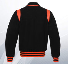 Load image into Gallery viewer, Super Varsity Letterman Baseball Bomber Retro Vintage Stylish Jacket All Wool Black & Orange Genuine Leather Strip - Shearling leather